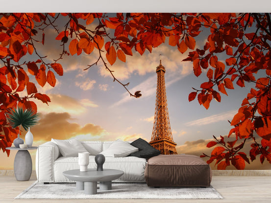 Sunset Paris wallpaper mural in a spacious room.