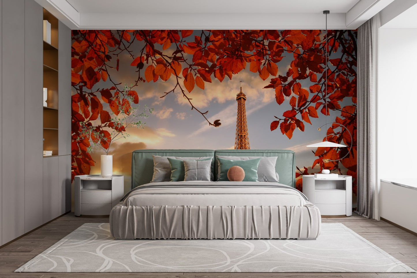 Red leaf tree wall mural in a modern bedroom with white nightstands.