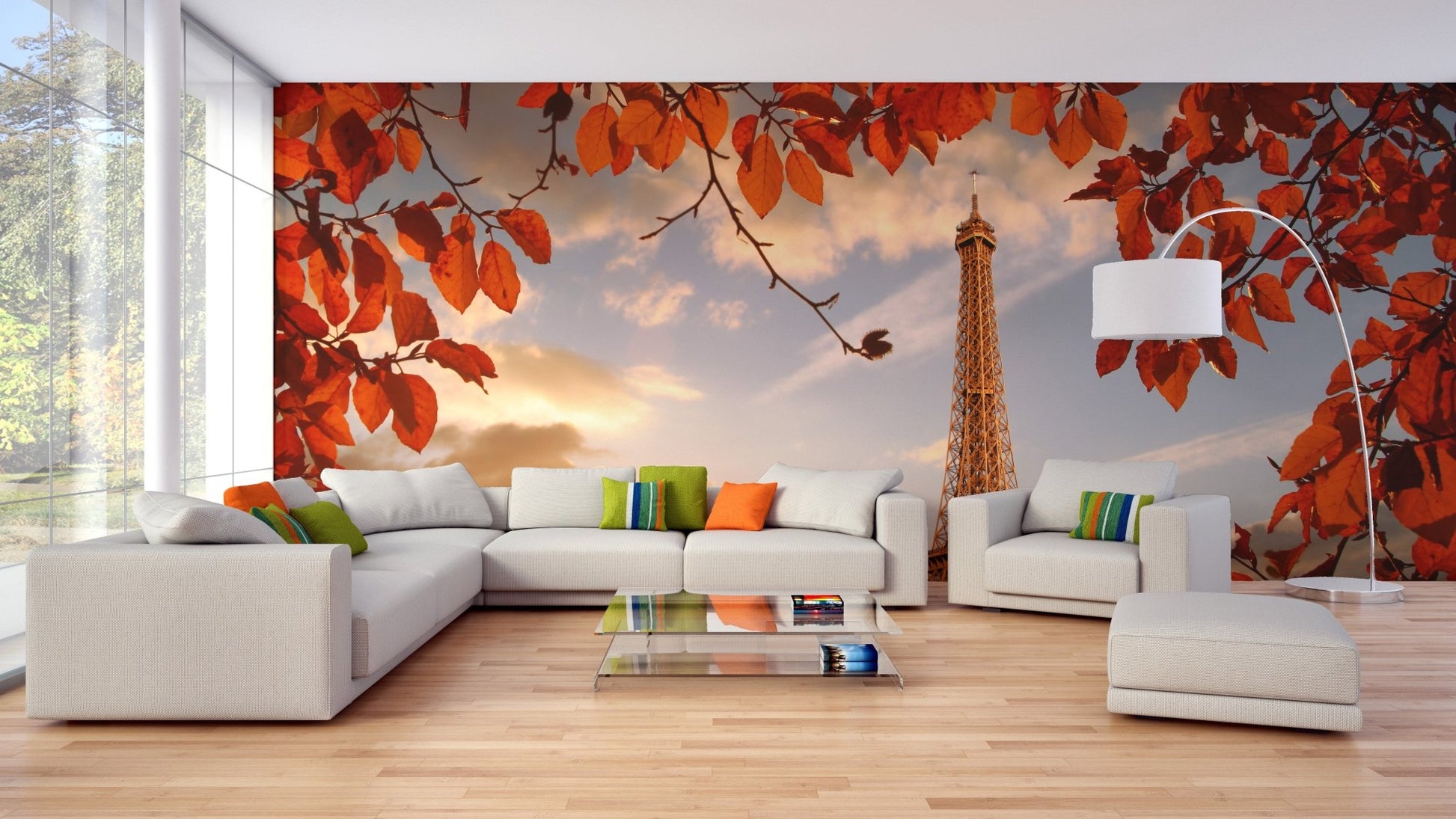 Autumn whispers wall mural in an airy living space with a grey sofa.