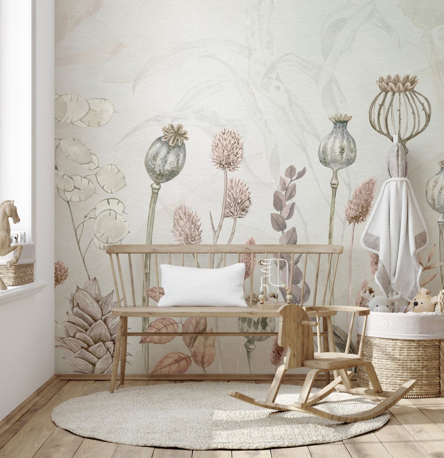 Nature-inspired mural with autumn blooms in watercolor style for nursery interior.
