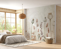 Autumnal blooms mural with soft watercolor tones for bedroom walls.
