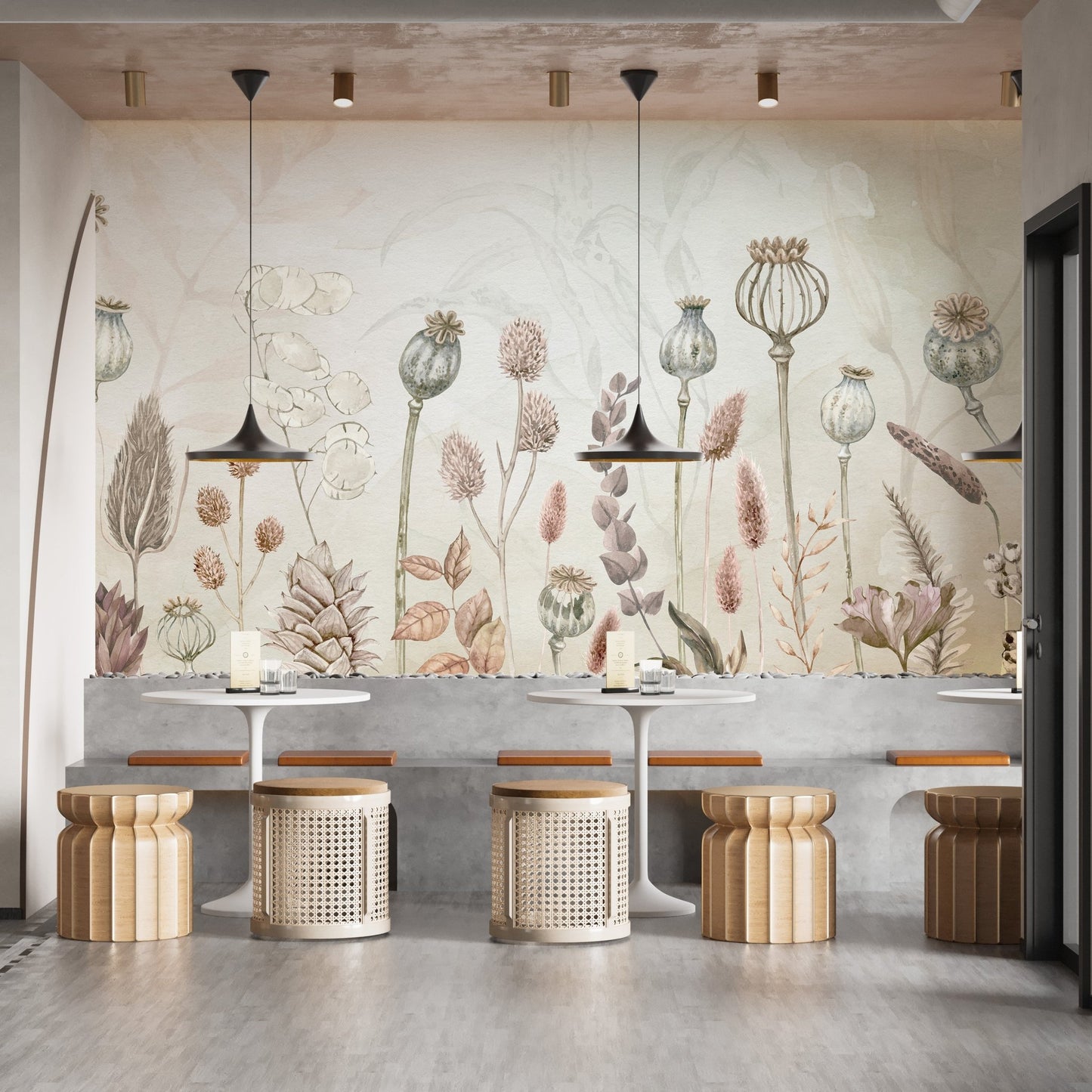 Watercolor wall mural showcasing delicate autumnal florals for dining area.
