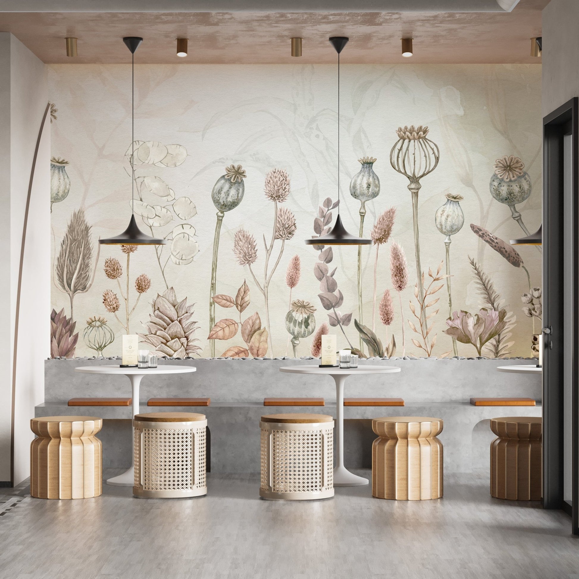 Watercolor wall mural showcasing delicate autumnal florals for dining area.
