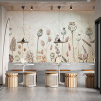 Watercolor wall mural showcasing delicate autumnal florals for dining area.
