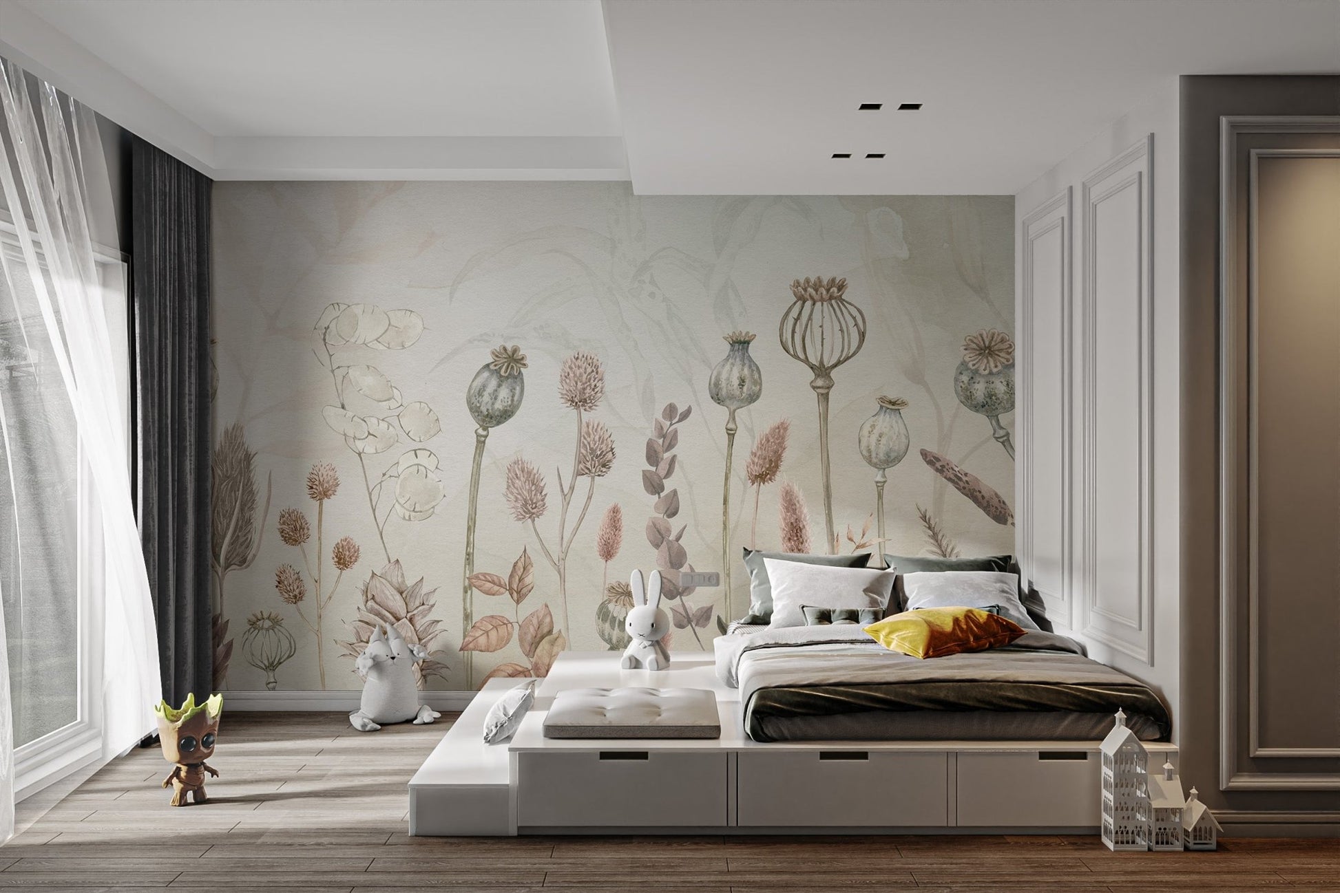 Artistic mural with soft watercolor autumnal flower patterns for bedroom backdrop.



