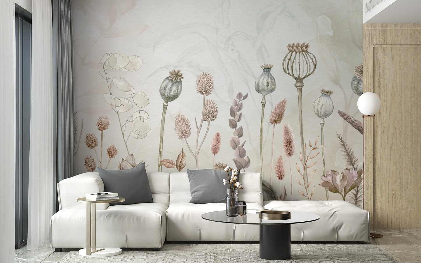 Artistic wall art mural featuring blooming flowers in autumn hues for living space.
