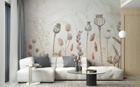 Artistic wall art mural featuring blooming flowers in autumn hues for living space.
