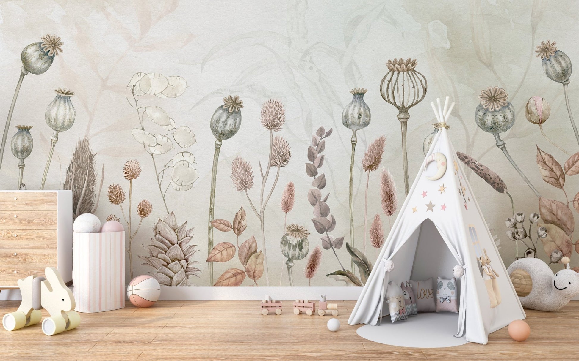 Vibrant wall decor with a watercolor autumn blooms theme for kids room.
