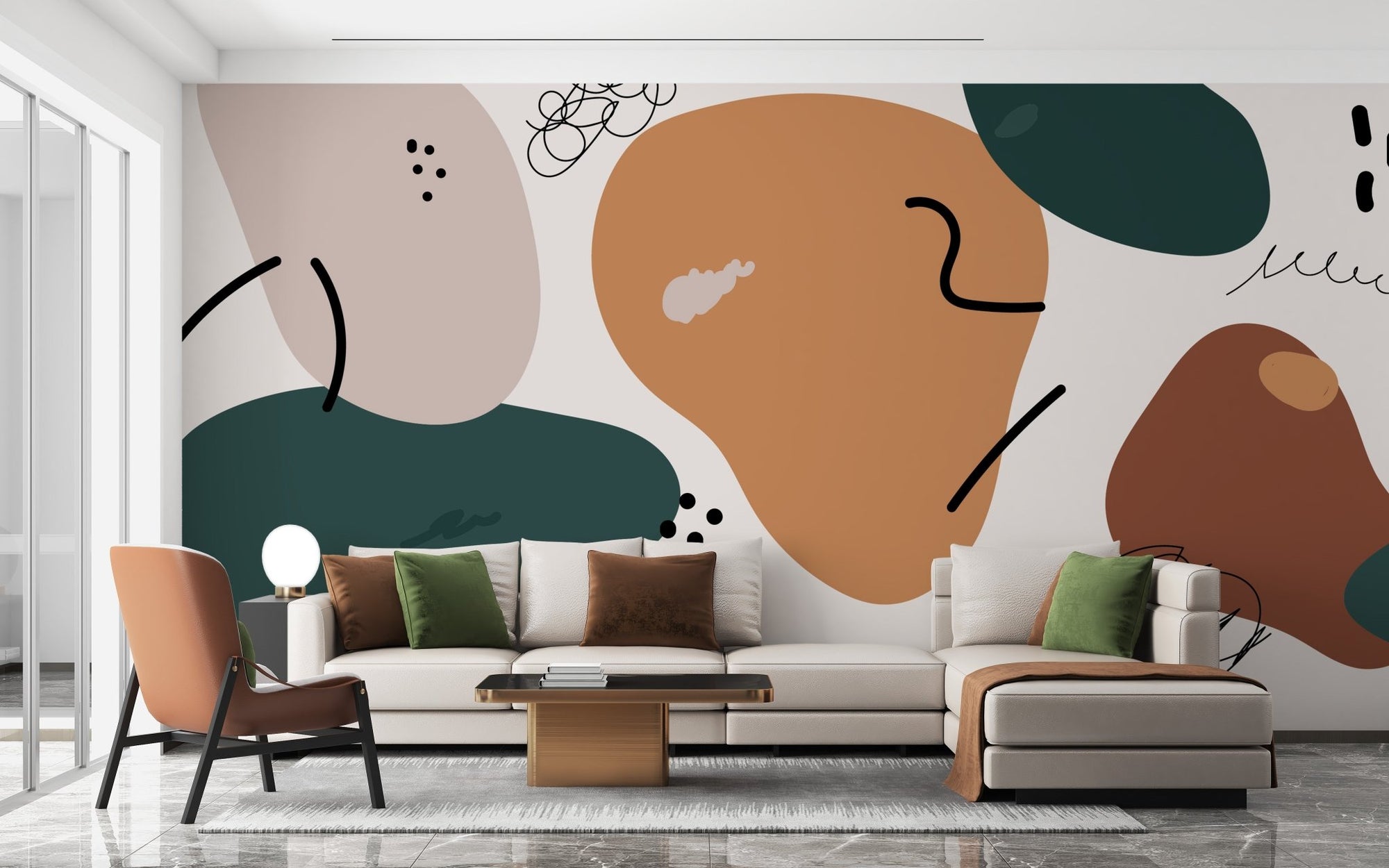 Autumnal Harmony Removable Murals in a living room with a white sectional sofa