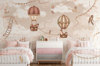 Shared kids bedroom with two white beds and aviation wall mural.