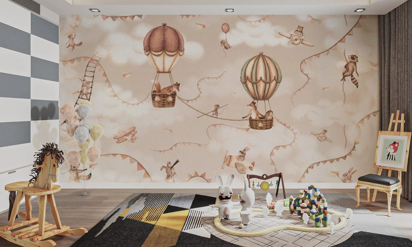 Large play area with a black rug and hot air balloon adventure wall mural.