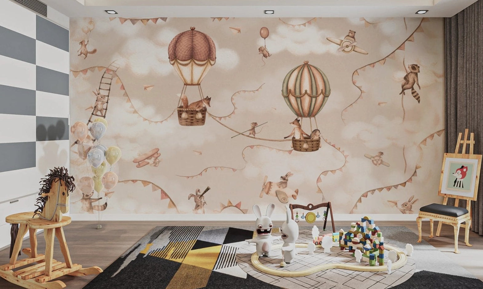 Large play area with a black rug and hot air balloon adventure wall mural.