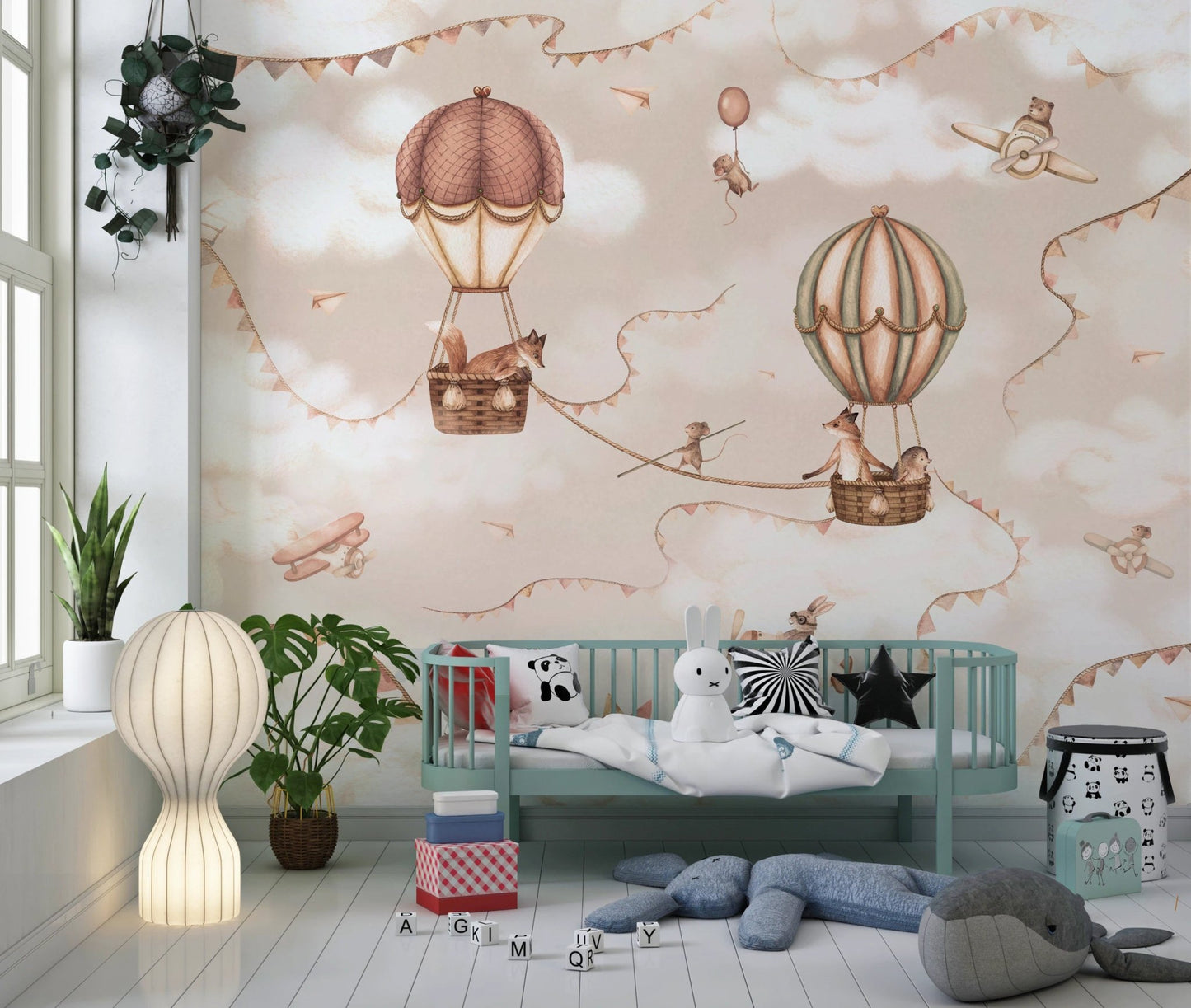 Nursery corner with a floor lamp and Aviation Adventure Mono wall mural.