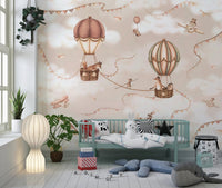 Nursery corner with a floor lamp and Aviation Adventure Mono wall mural.