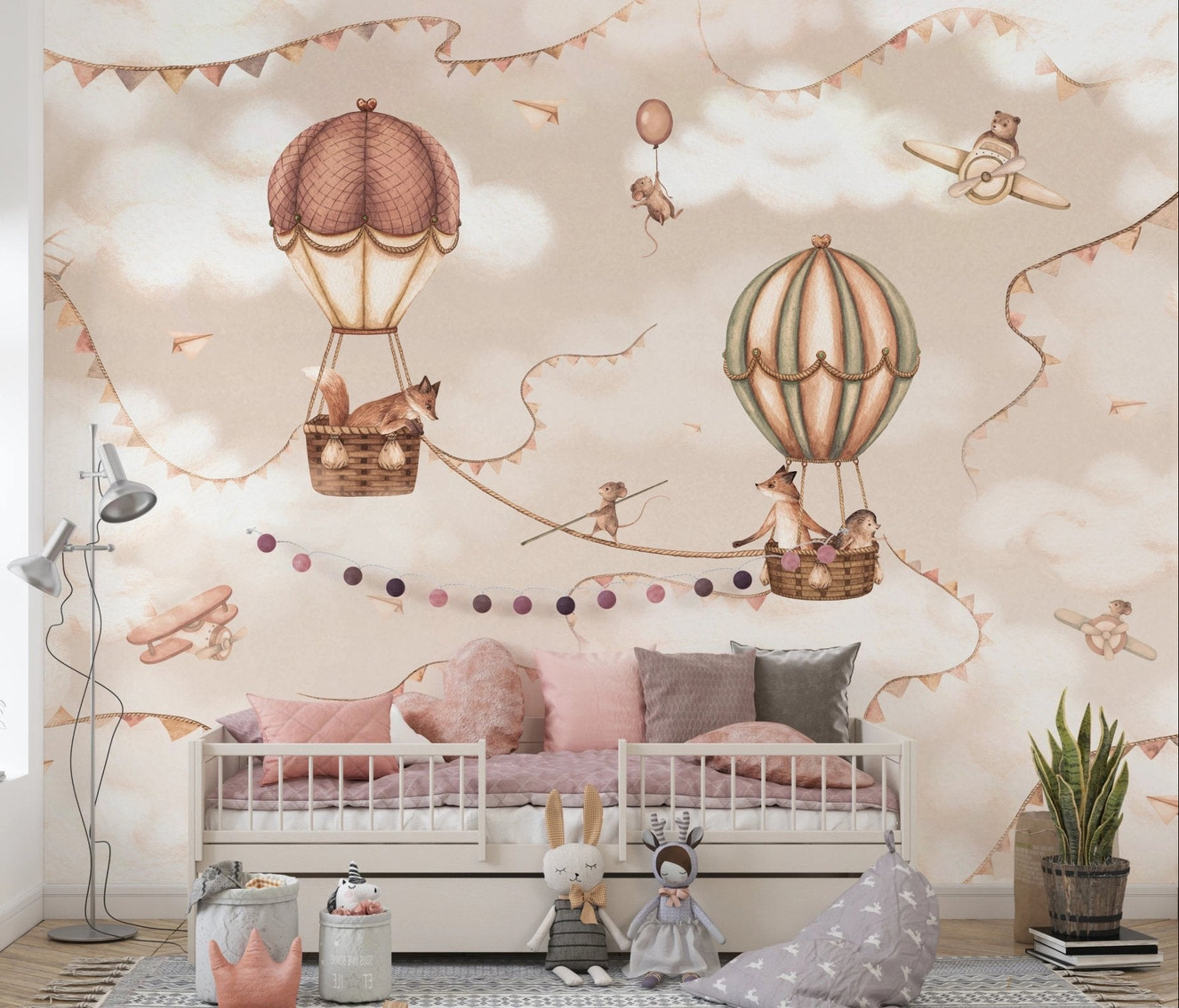 Kids bedroom with pink bedding and Aviation Adventure Mono Wall Mural.
