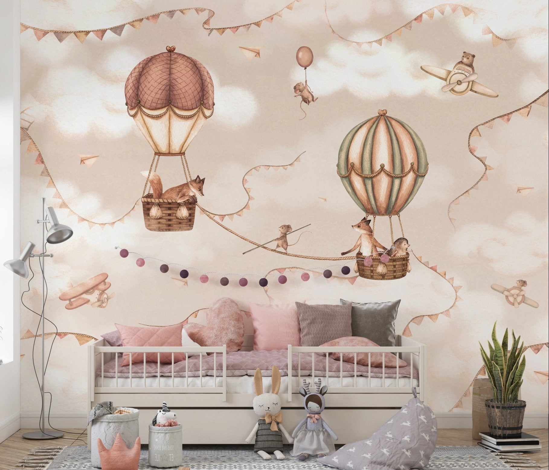 Kids bedroom with pink bedding and Aviation Adventure Mono Wall Mural.