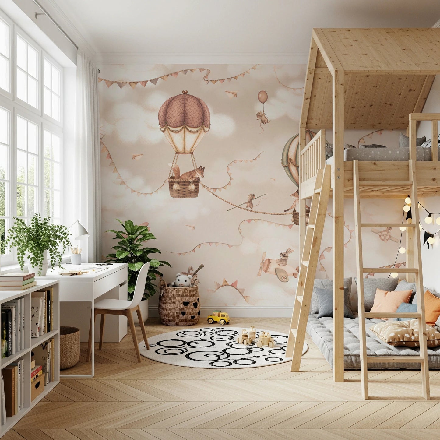 Modern loft bed setup featuring a brown hot air balloon adventure wall mural.