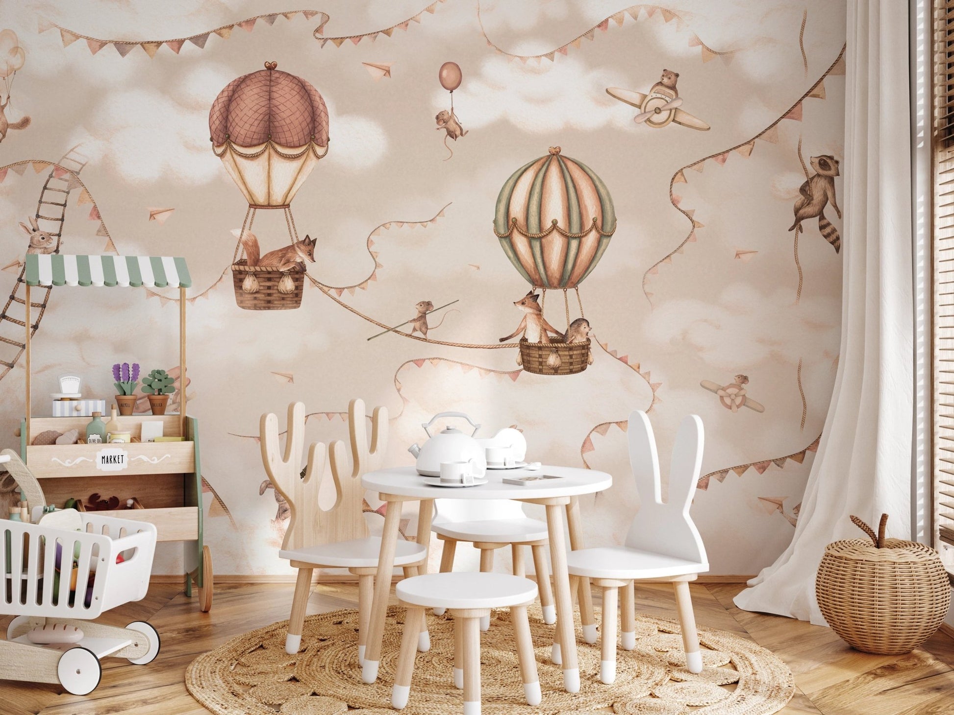 Playroom featuring a white table set against a vintage aviation wall mural.