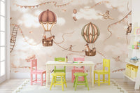 Playroom with colorful chairs and a vintage aviation themed wall mural