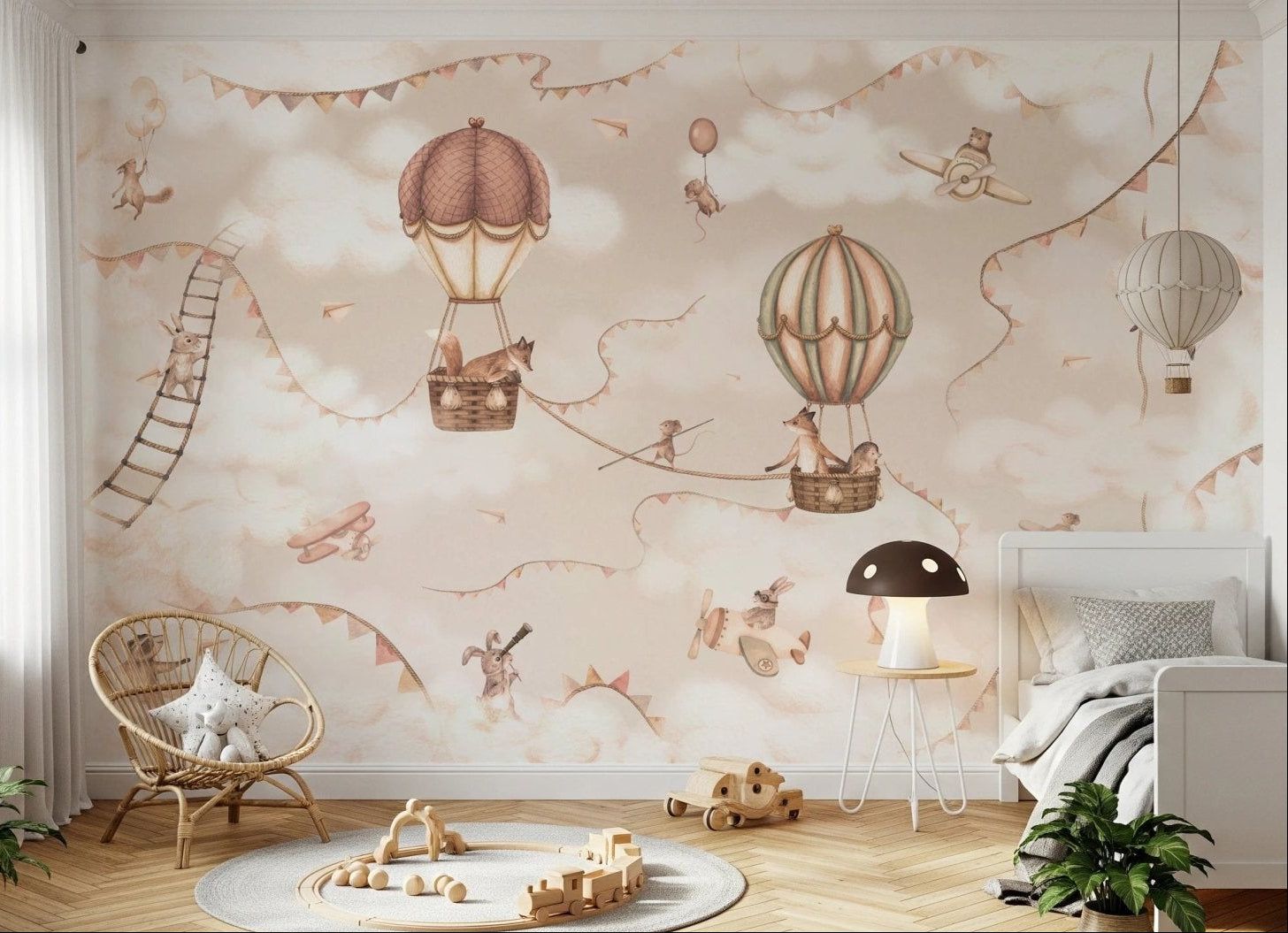 Aviation Adventure Mono wall mural in a bedroom with wooden toys and a grey rug.