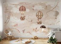 Aviation Adventure Mono wall mural in a bedroom with wooden toys and a grey rug.