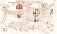 Wide view of a beige hot air balloon adventure mural for a feature wall.