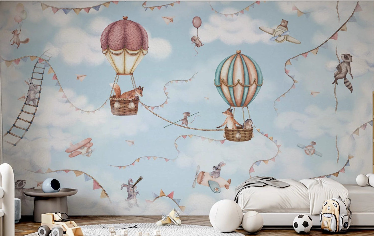 Aviation Adventure Wall Mural in a kids bedroom with blue sky and balloons.