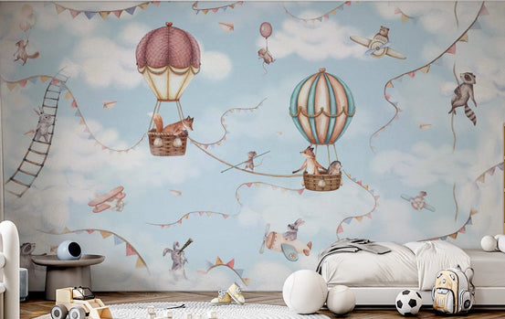 Aviation Adventure Wall Mural in a kids bedroom with blue sky and balloons.