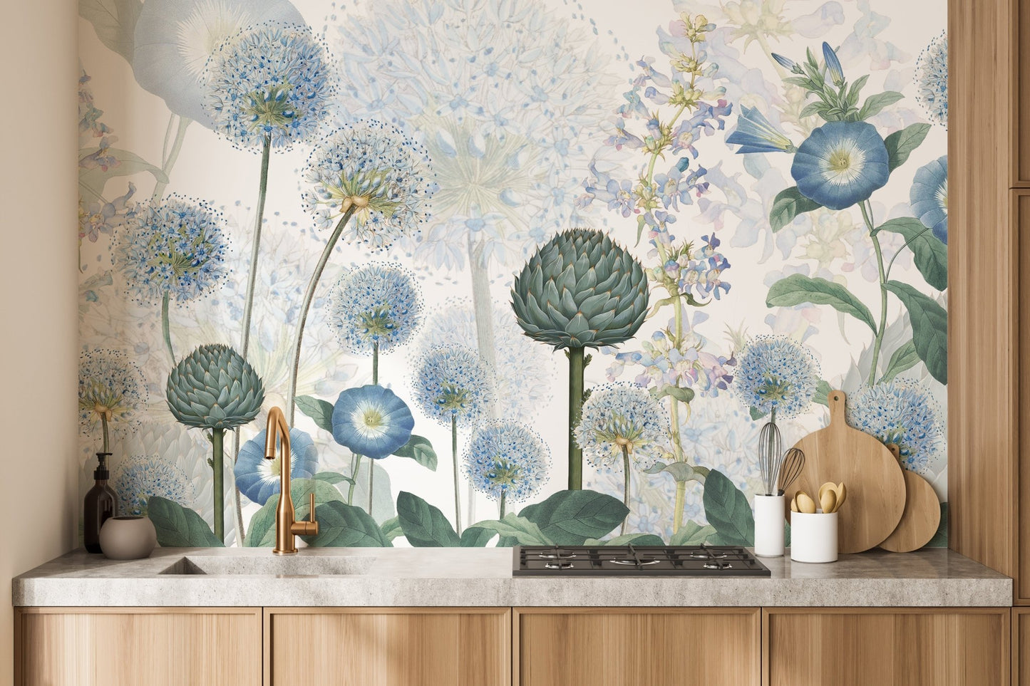 Stunning wall mural featuring vibrant azure floral designs for kitchen backdrop.
