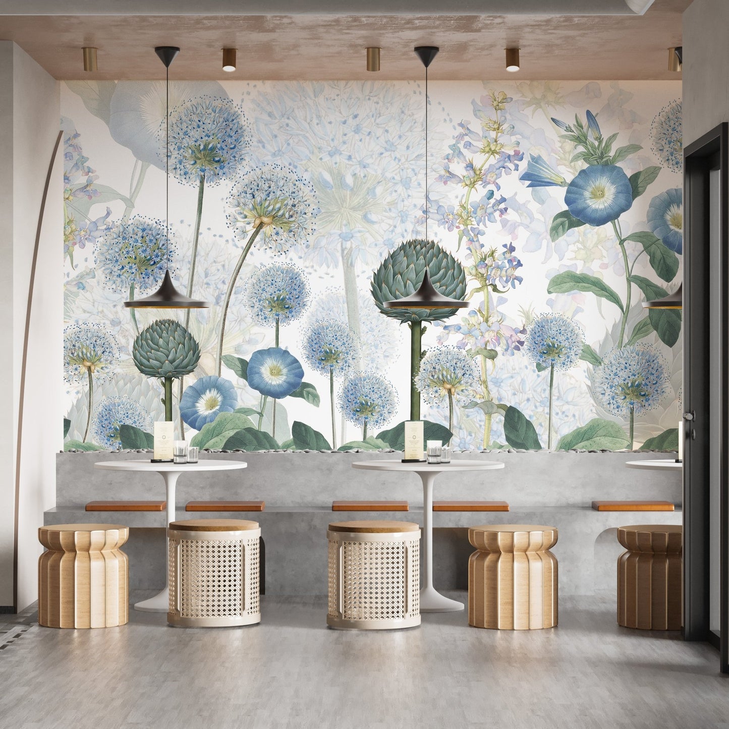 Azure flora-themed mural for serene and elegant dining interiors.
