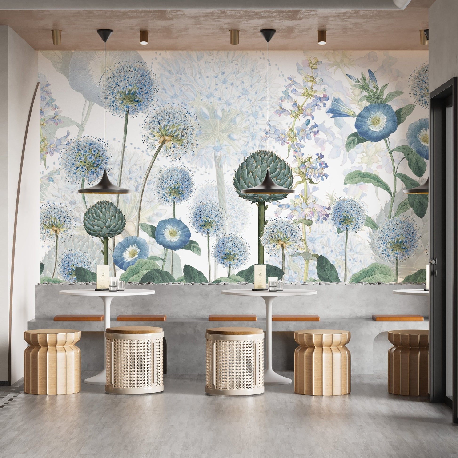 Azure flora-themed mural for serene and elegant dining interiors.
