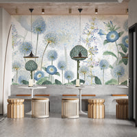 Azure flora-themed mural for serene and elegant dining interiors.
