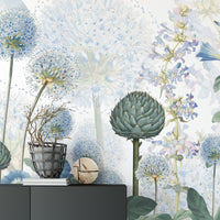 Sophisticated mural showcasing azure flowers and lush foliage
