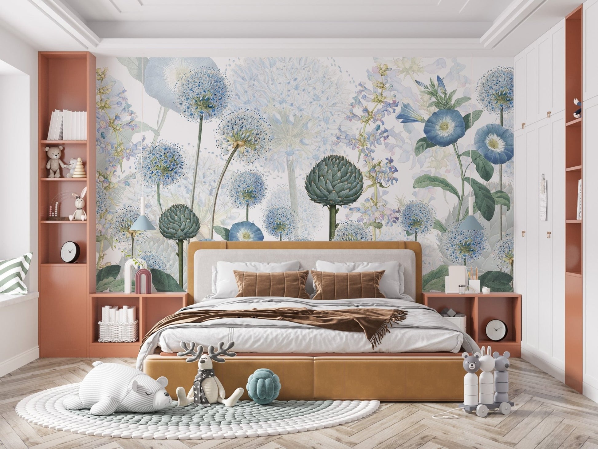 Elegant floral mural in rich azure tones for modern bedroom decor.
