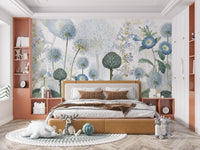 Elegant floral mural in rich azure tones for modern bedroom decor.
