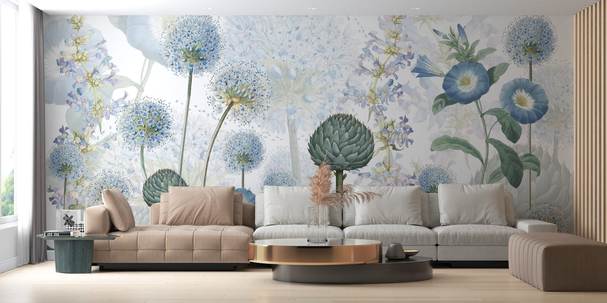 Unique wall mural featuring vibrant azure floral motifs for living space interior.
