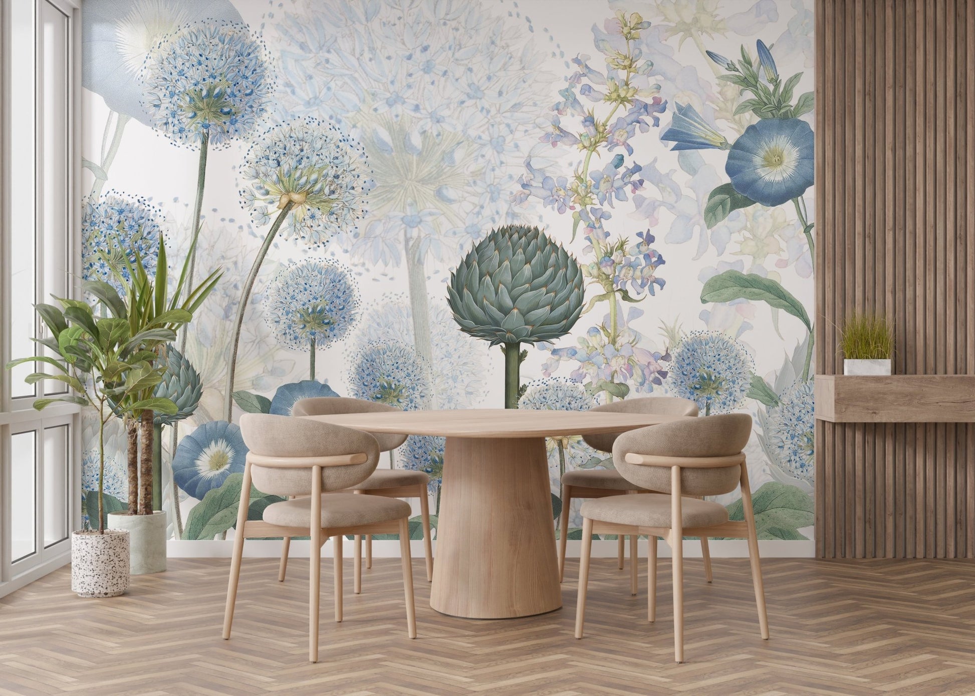 Decorative mural showcasing lush azure-colored flowers for dining room.
