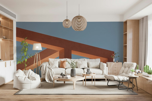 Blue linear mural in office feature wall