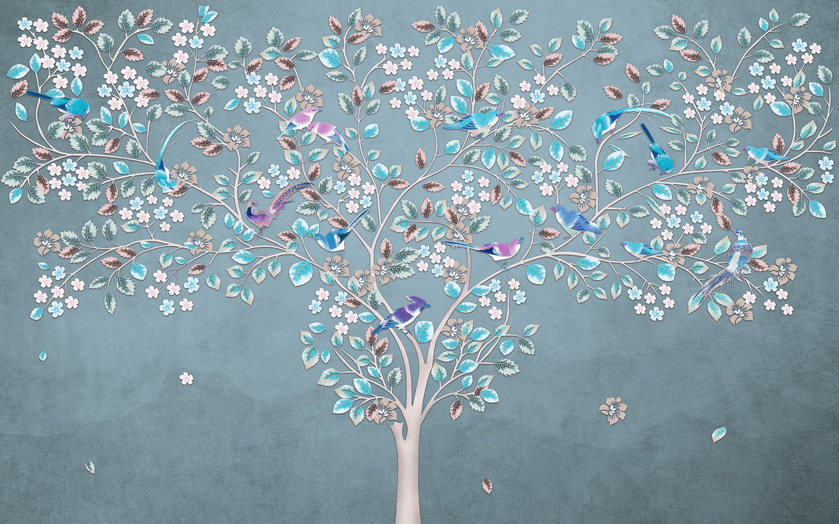 Mystic Azure Canopy Flora and Fauna Wall Mural in your room — zoomed