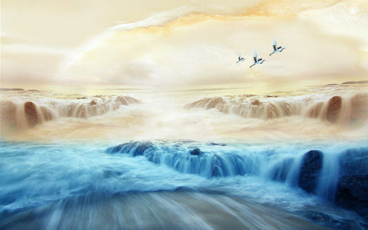 Beige Sky Serenity Mountain and Crane Mural