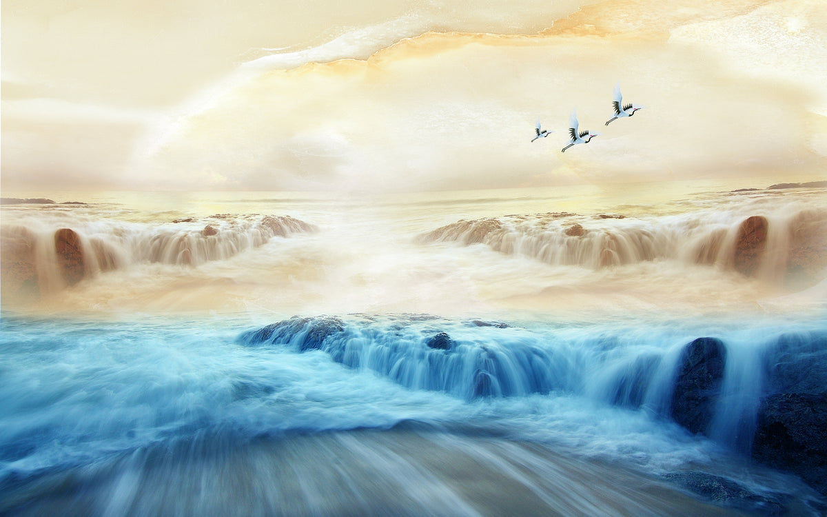 Beige Sky Serenity Mountain and Crane Mural in your room