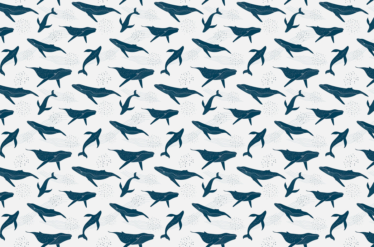 Ink Blue Whales in Monochrome Wallpaper in your room — zoomed