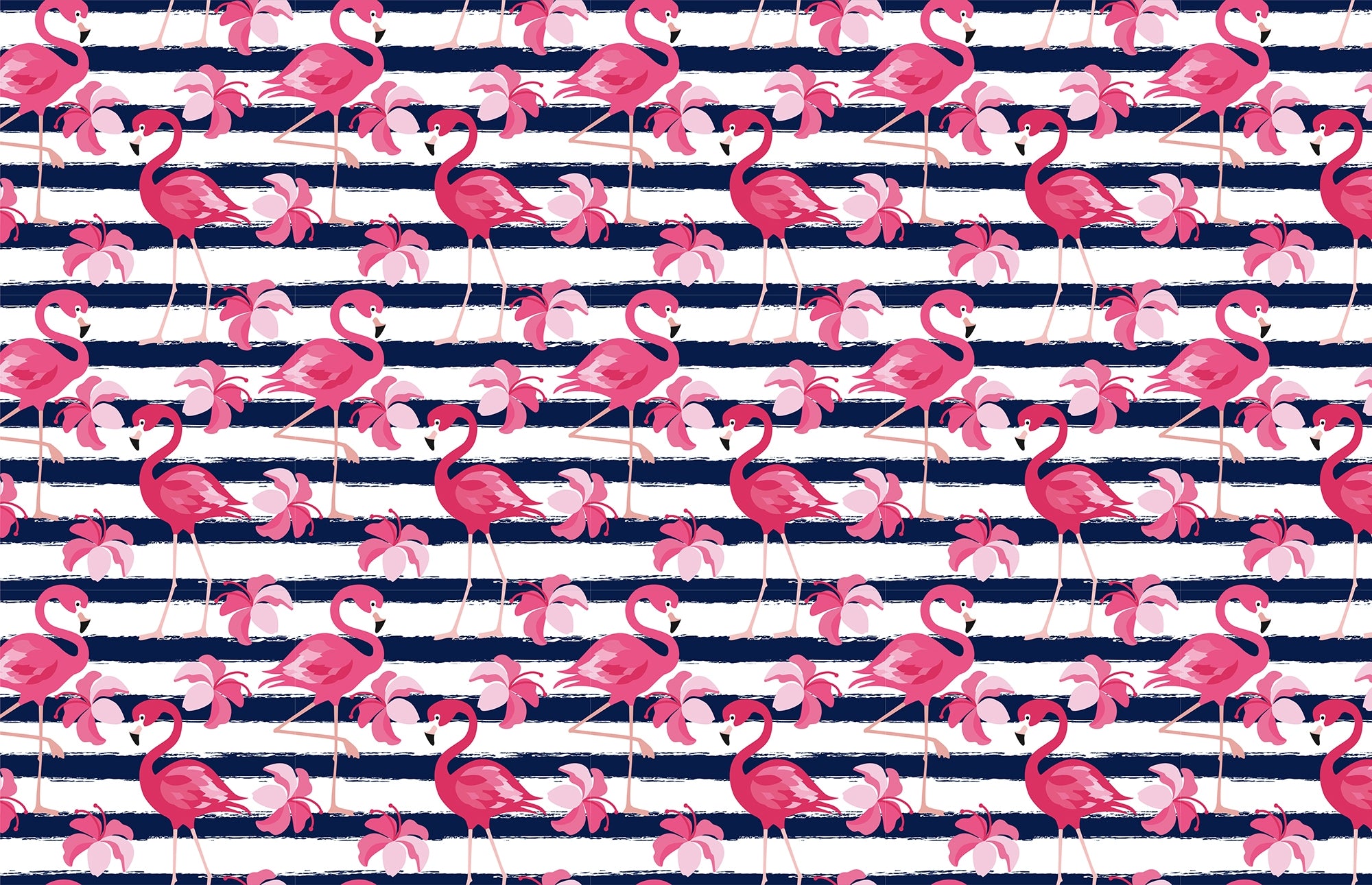 Flamingo Oasis in Blue Stripes Wallpaper