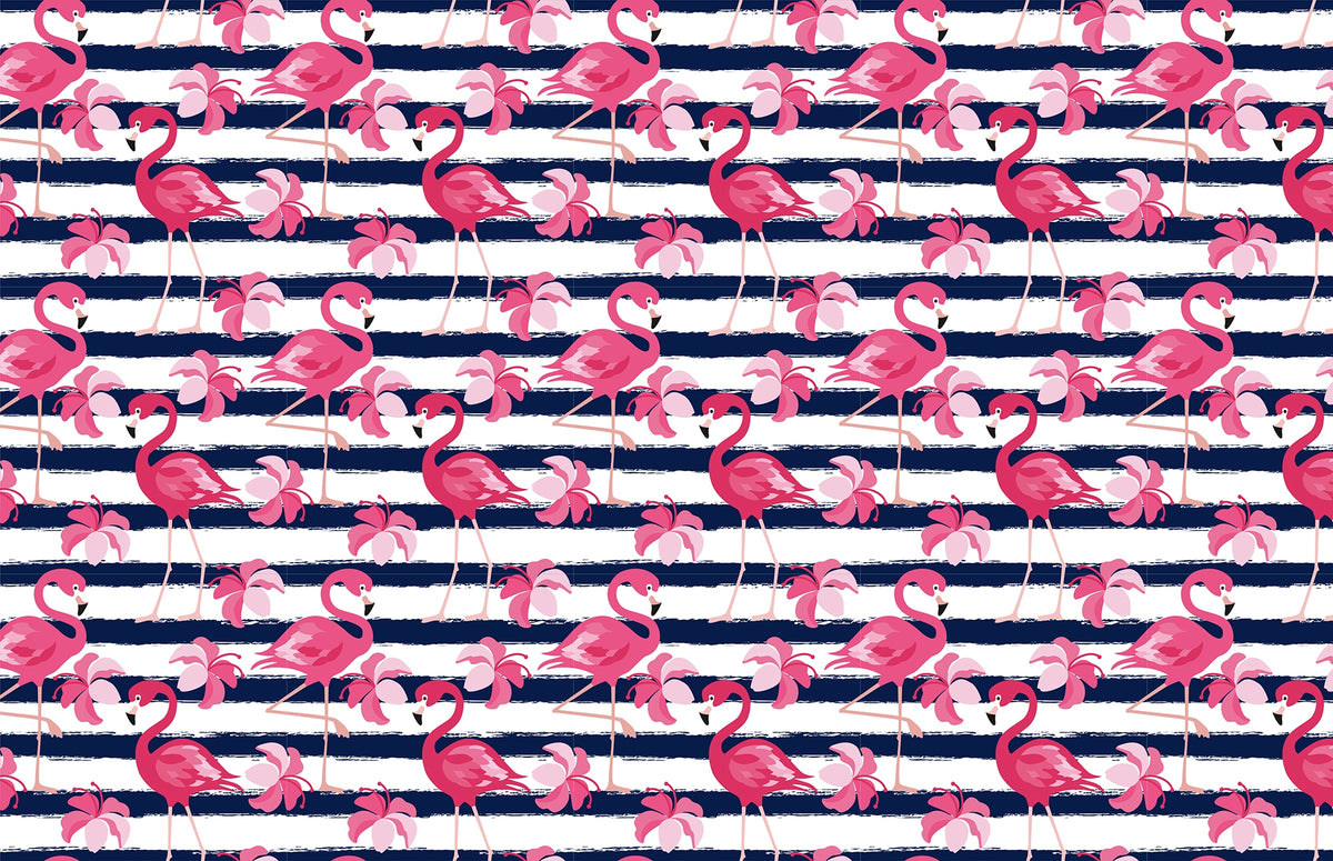 Flamingo Oasis in Blue Stripes Wallpaper in your room — zoomed
