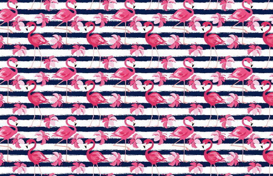 Flamingo Oasis in Blue Stripes Wallpaper
