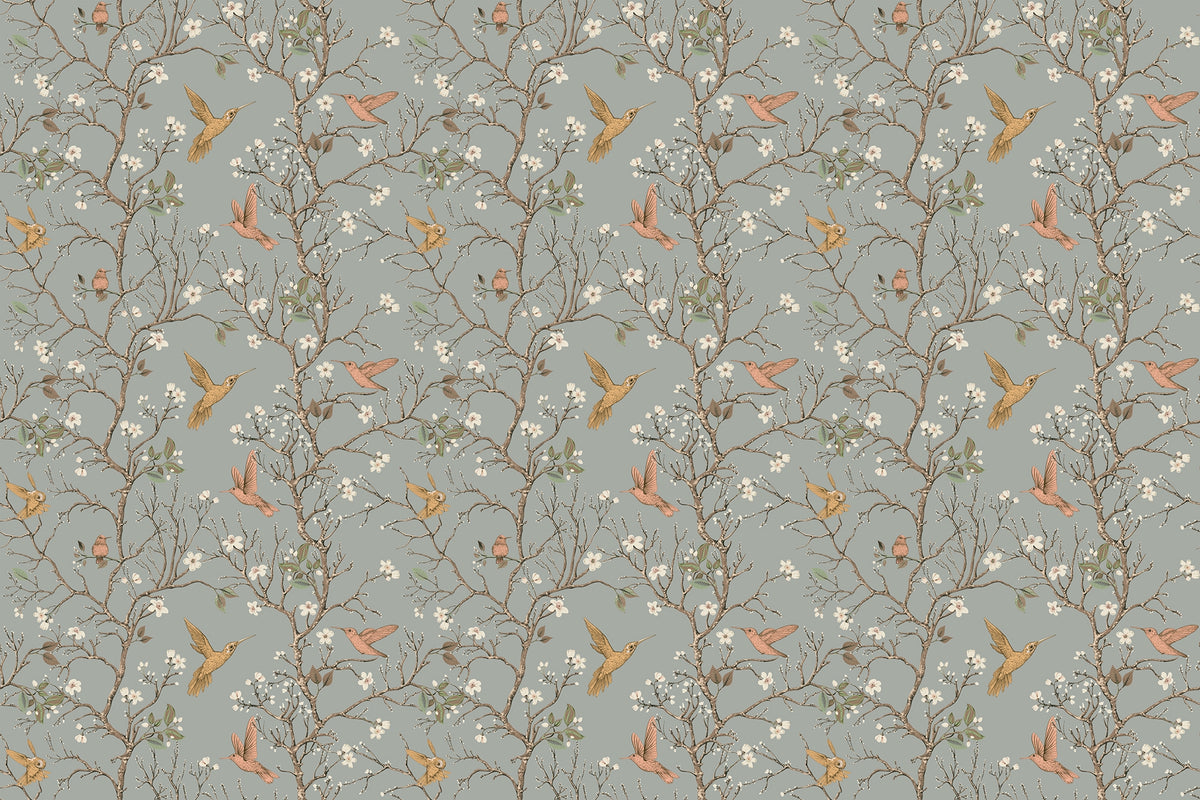 Vintage Garden with Hummingbirds Wallpaper in your room — zoomed