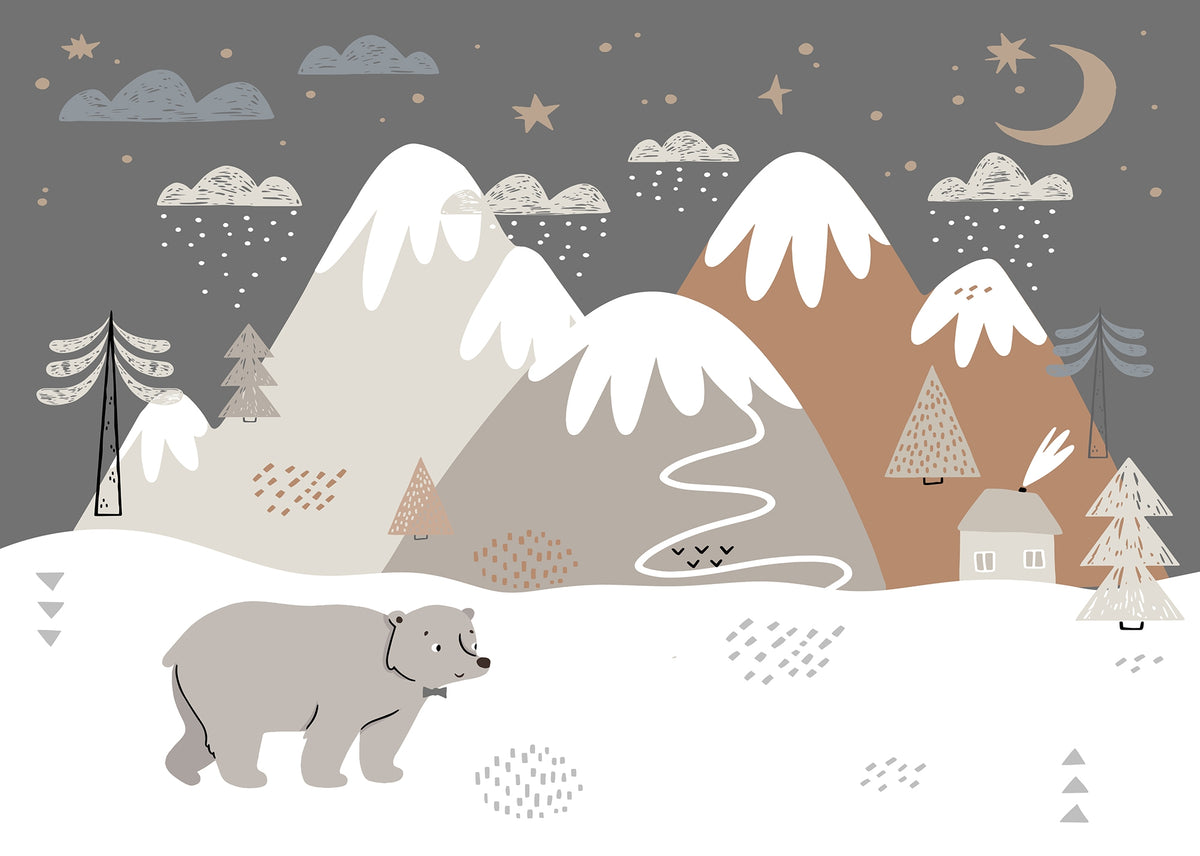 Snowy Adventures Bear Wallpaper for Kids in your room — zoomed