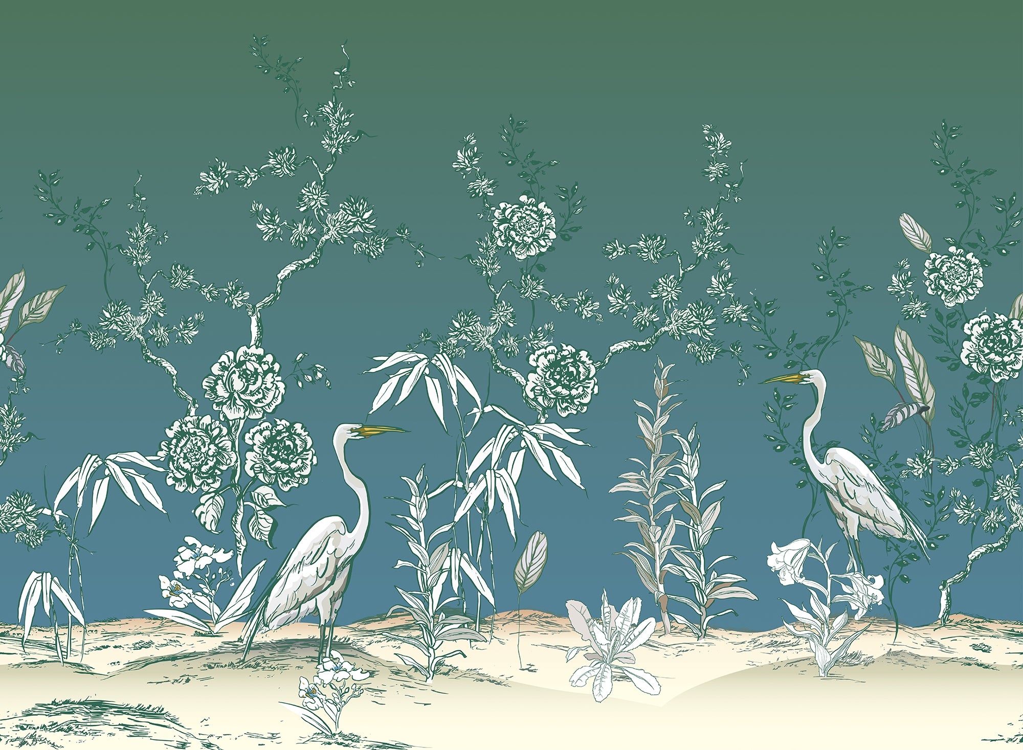 Graceful Crane Birds in Vintage Garden Murals