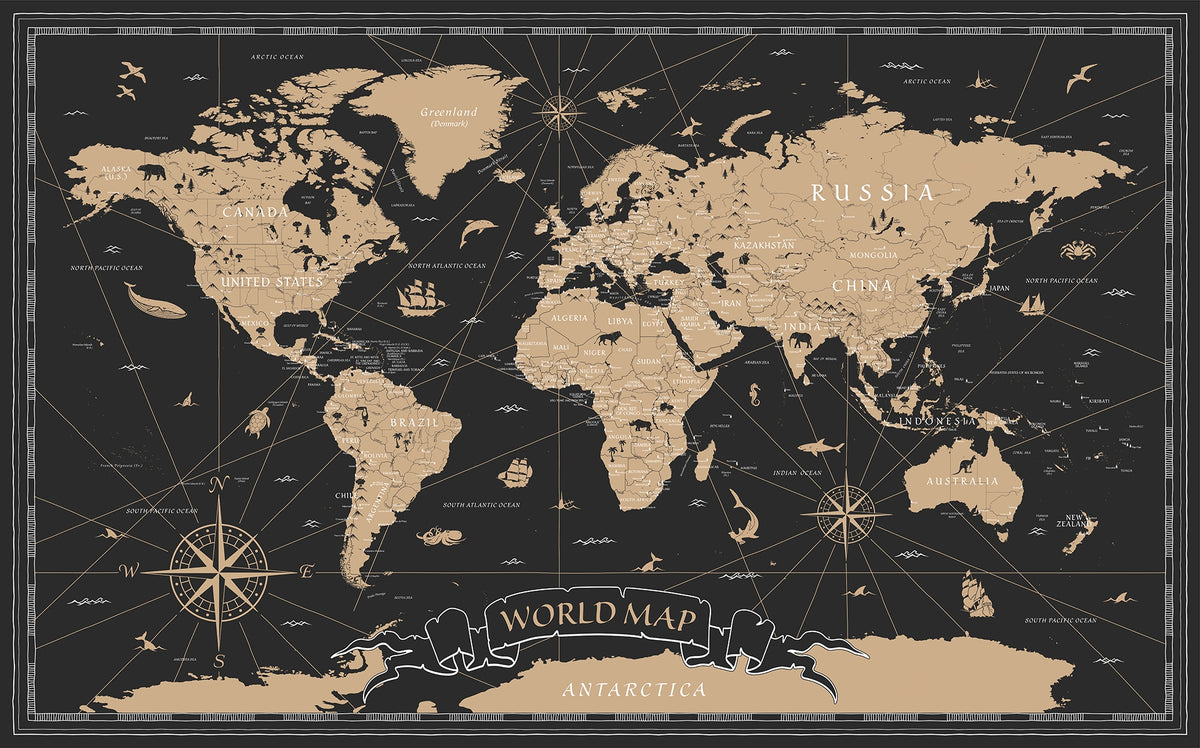 Historical Gold-Leaf World Map Wall Mural in your room — zoomed
