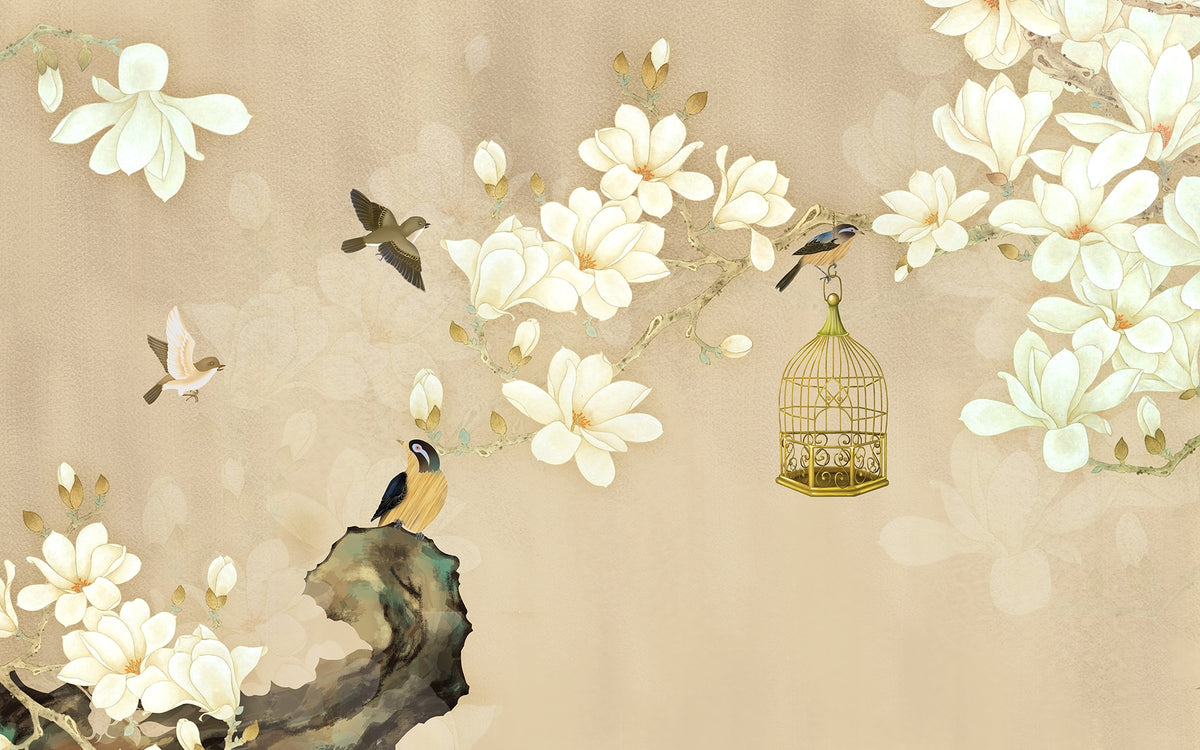 Beautiful Flowers and Birds Painting Wall Murals in your room — zoomed